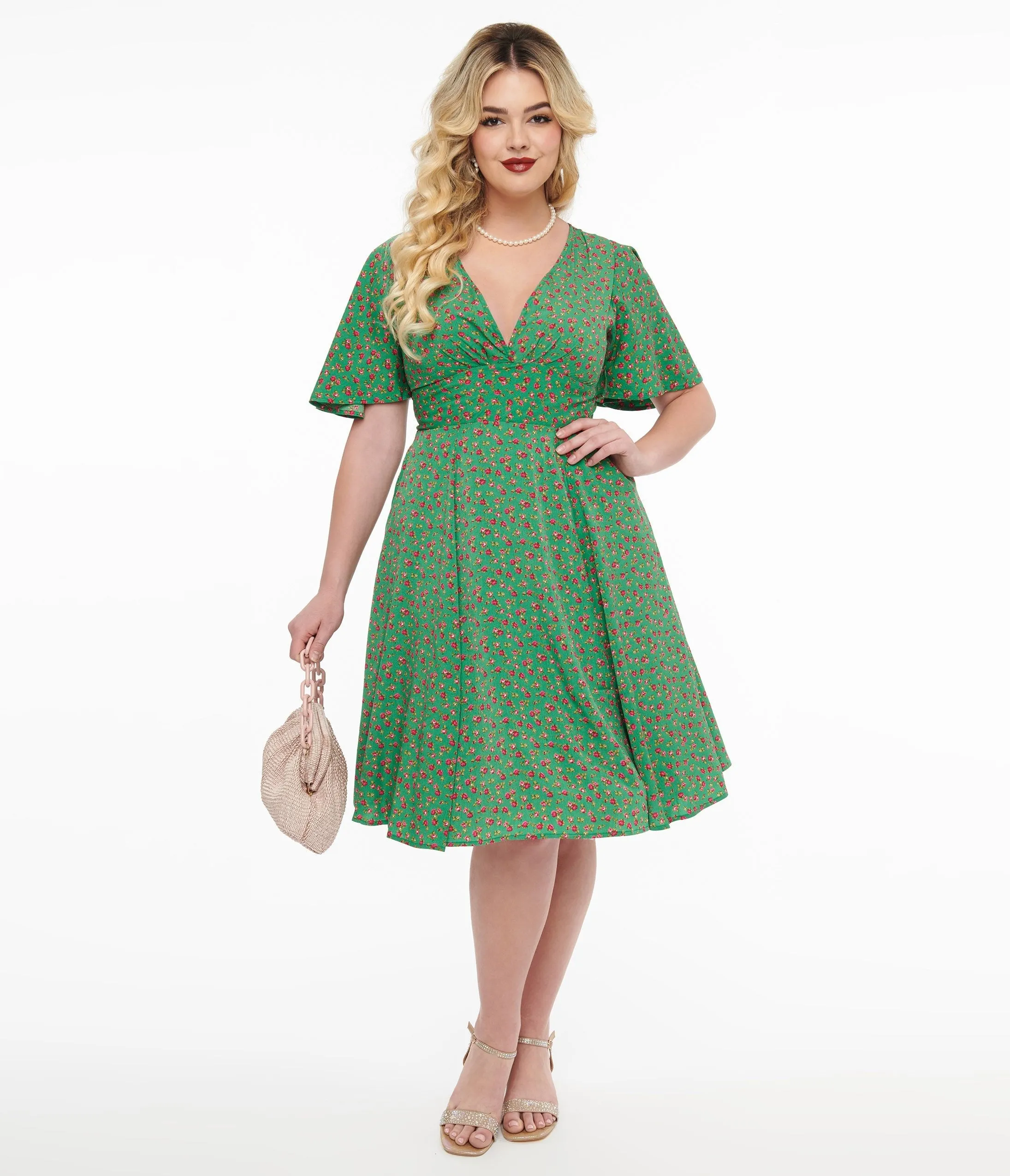 1950s Green & Pink Rose Fit & Flare Dress