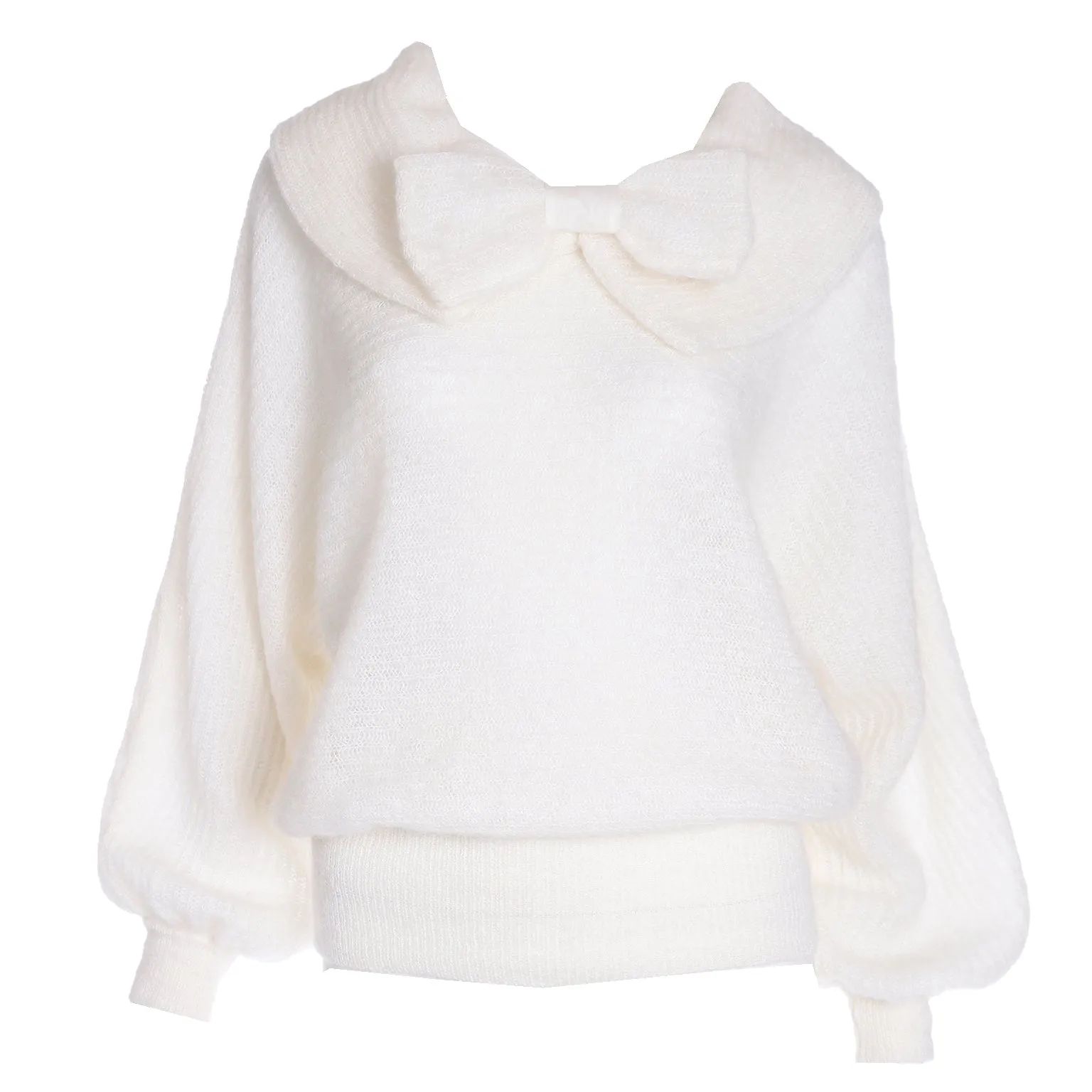 1980s Italian White Mohair Wool Blend Bow Sweater w Wide Collar