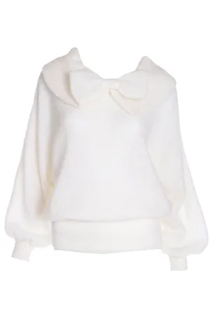 1980s Italian White Mohair Wool Blend Bow Sweater w Wide Collar