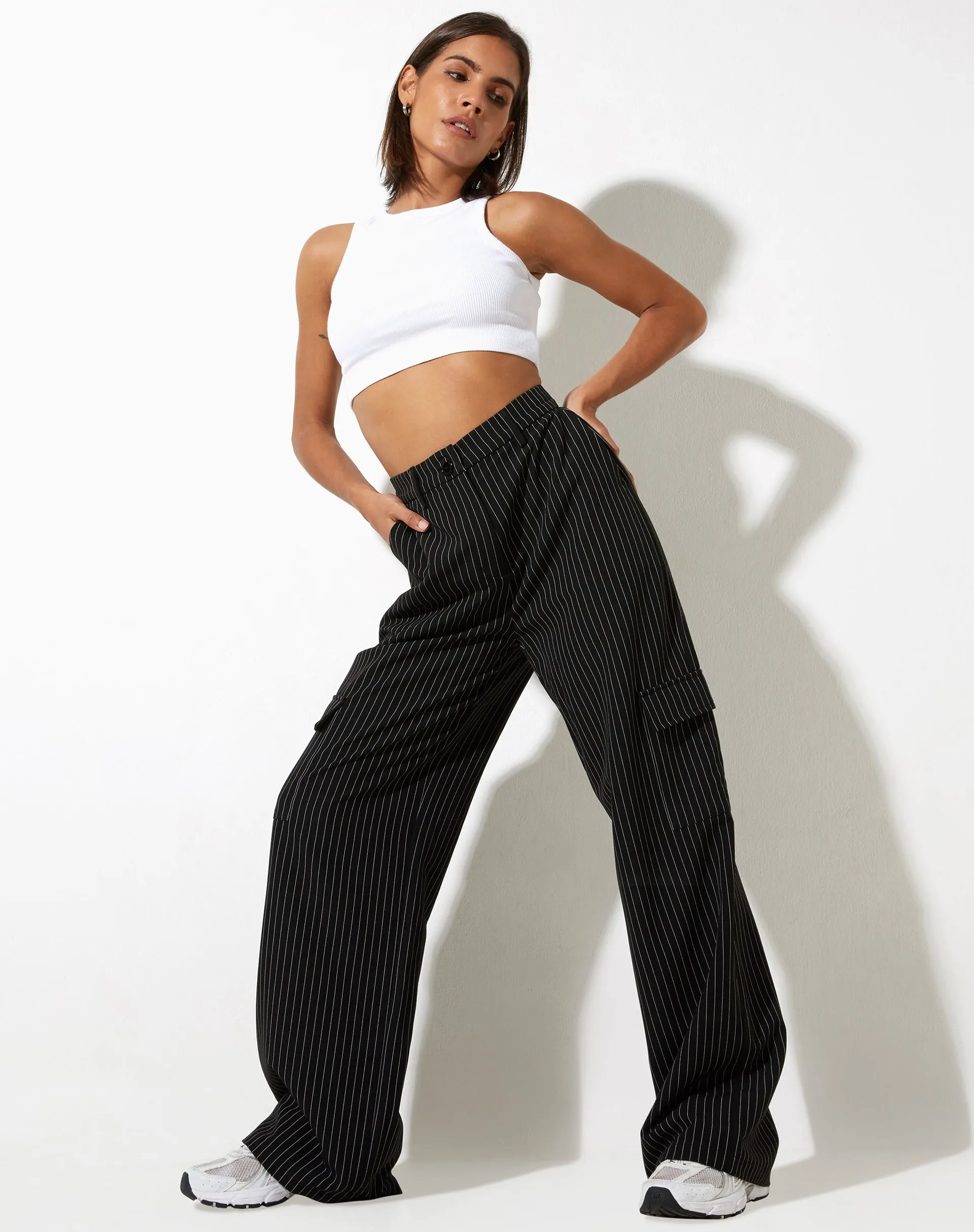 Abba Cargo Trouser in Pinstripe Black