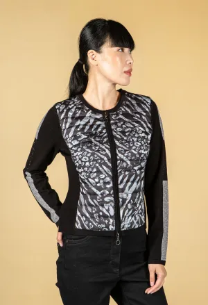 Animal Print Knit Sleeve Cardigan in Black & Grey