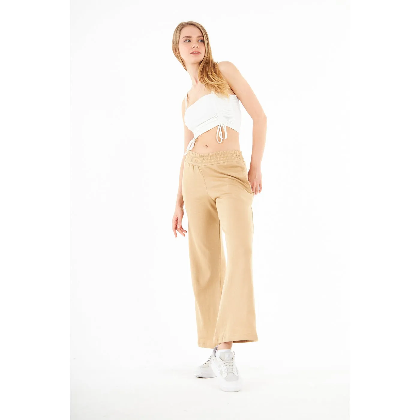 Beige Wide Leg High Trousers