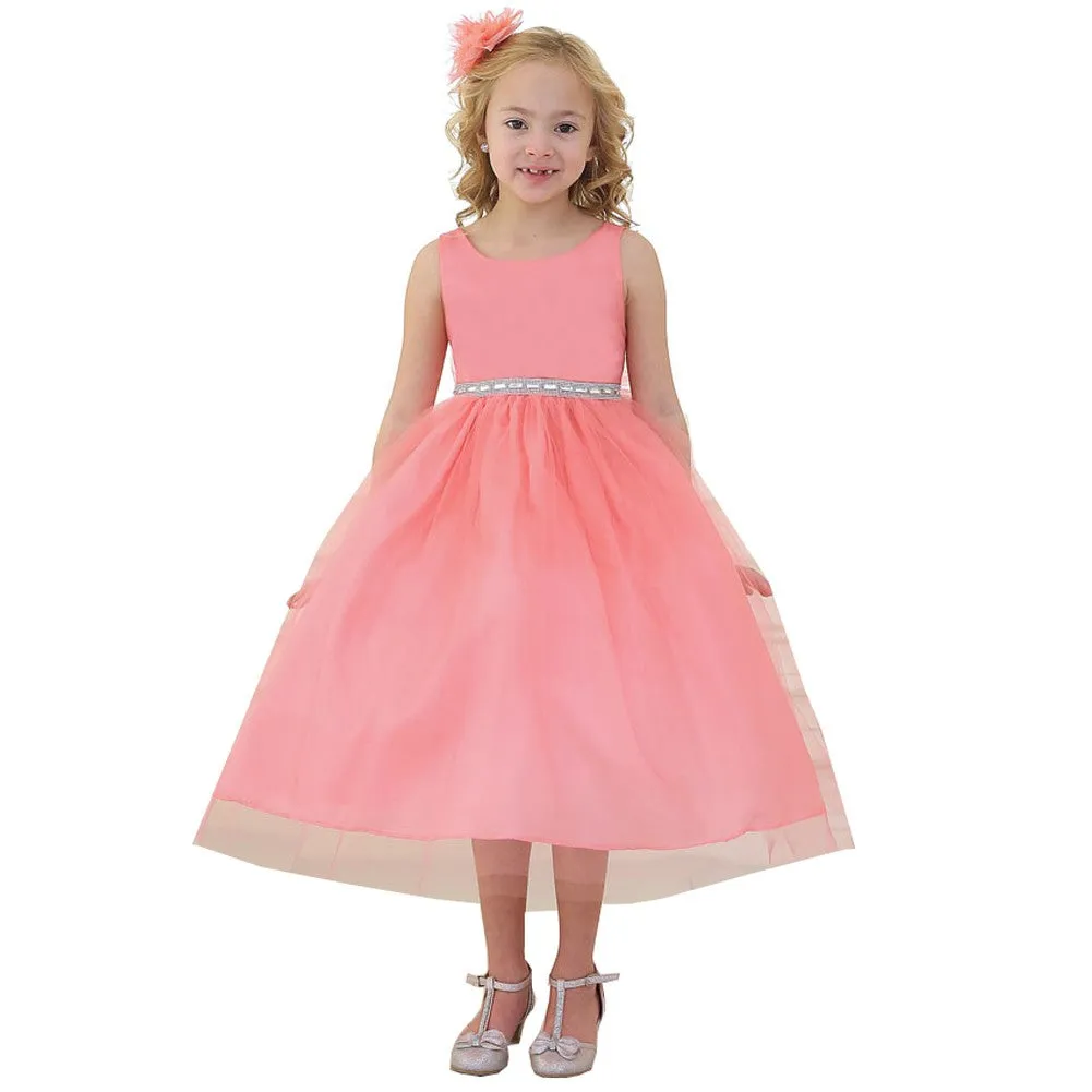 Big Girls Coral Rhinestone Tulle Junior Bridesmaid Dress 8-12