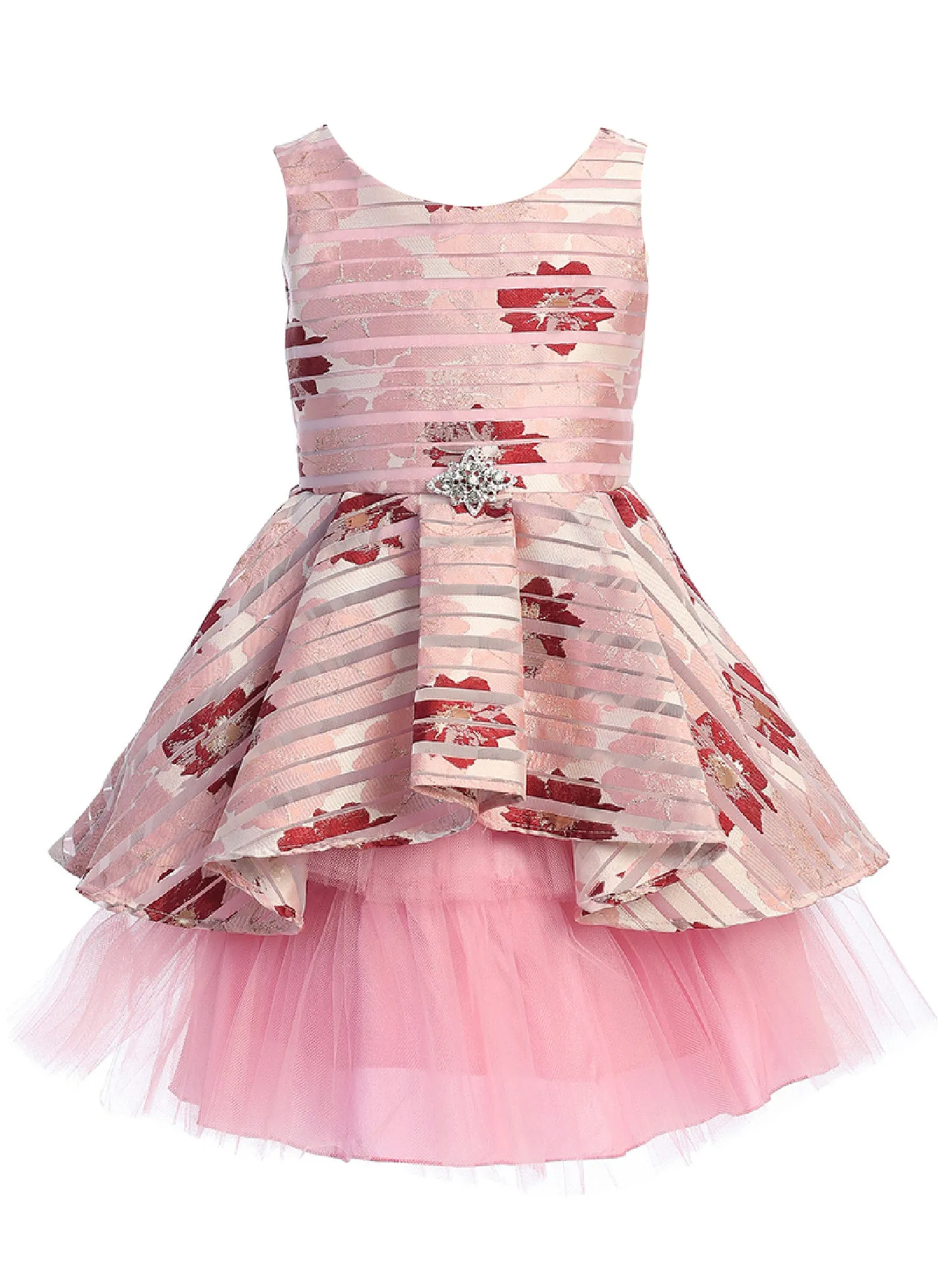 Big Girls Rose Floral Print Brooch Hi Low Junior Bridesmaid Dress 8-14