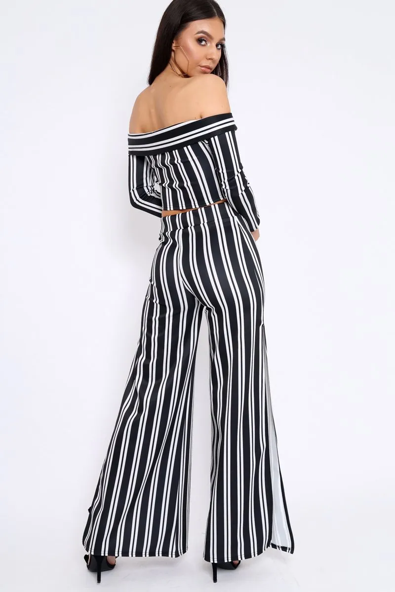 Black Stripe Bardot Ruffle Top and Trouser Set - Inas