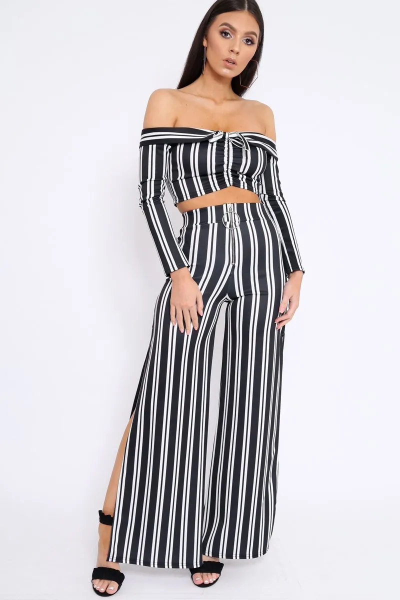 Black Stripe Bardot Ruffle Top and Trouser Set - Inas