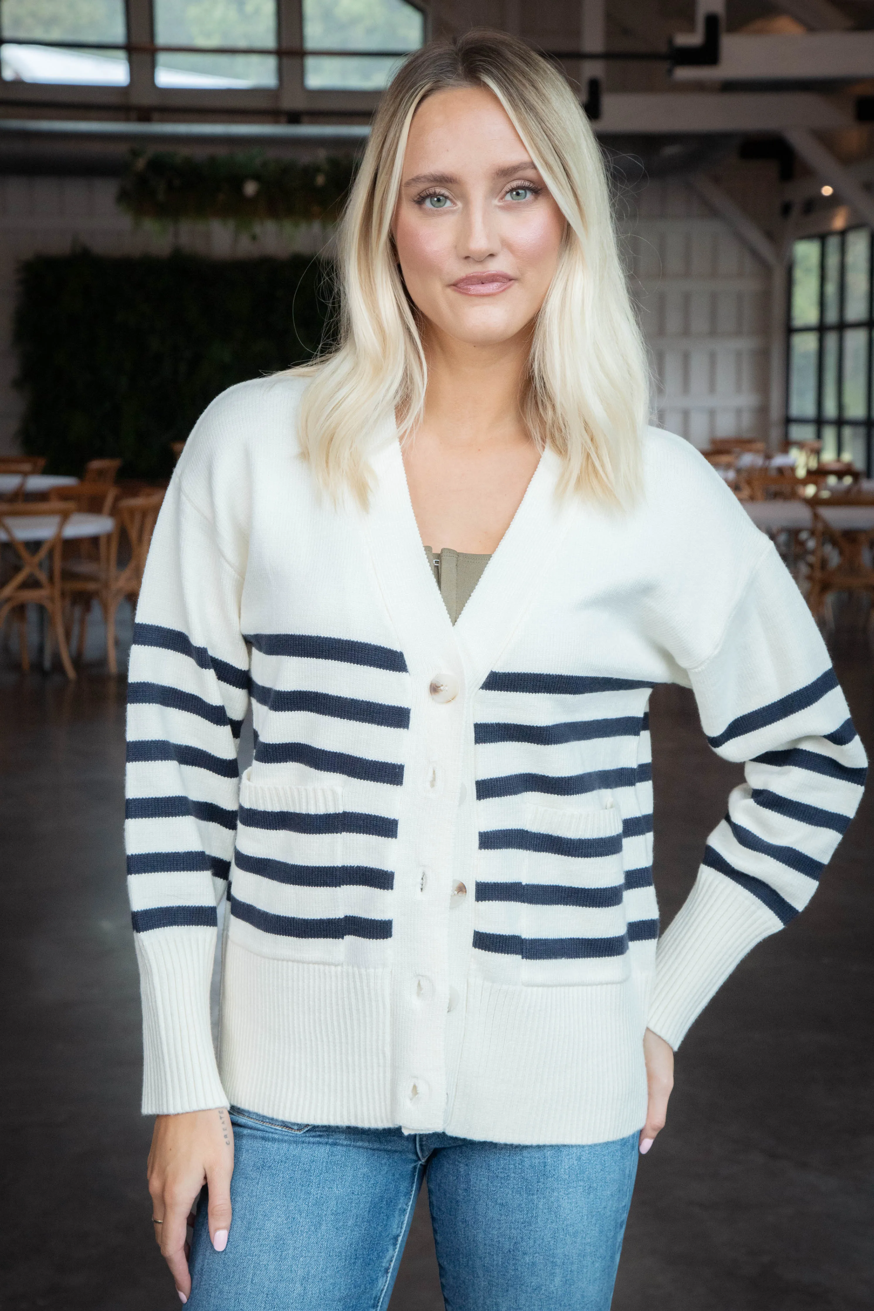 Blair Striped Button Down Cardigan, Cream