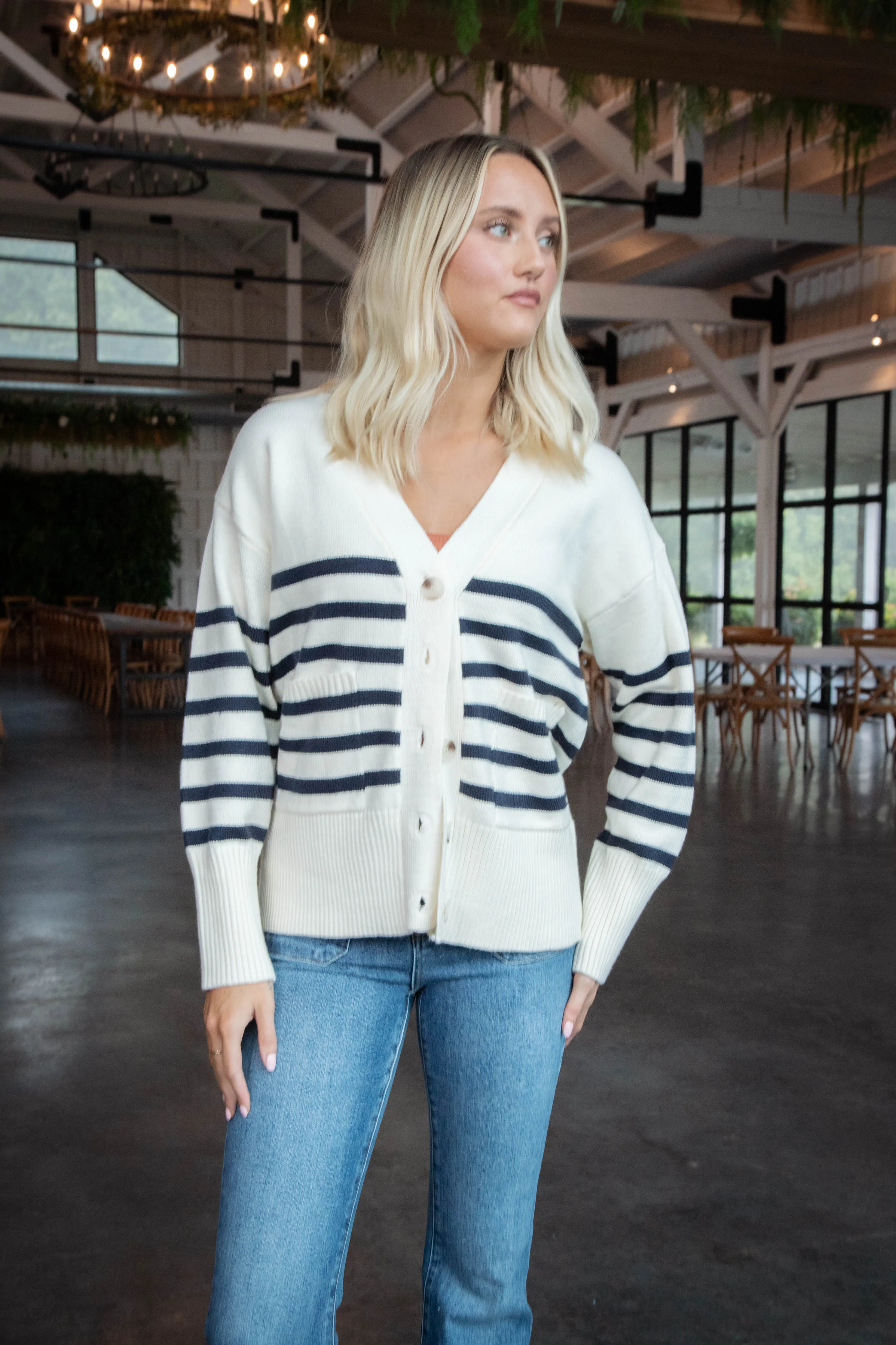 Blair Striped Button Down Cardigan, Cream