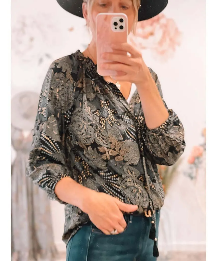 Boho Printed LS Blouse Black Combo