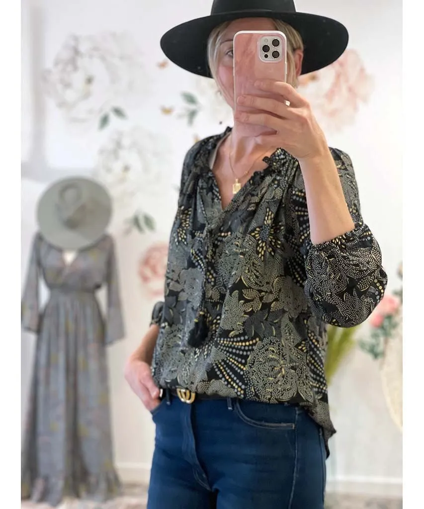 Boho Printed LS Blouse Black Combo