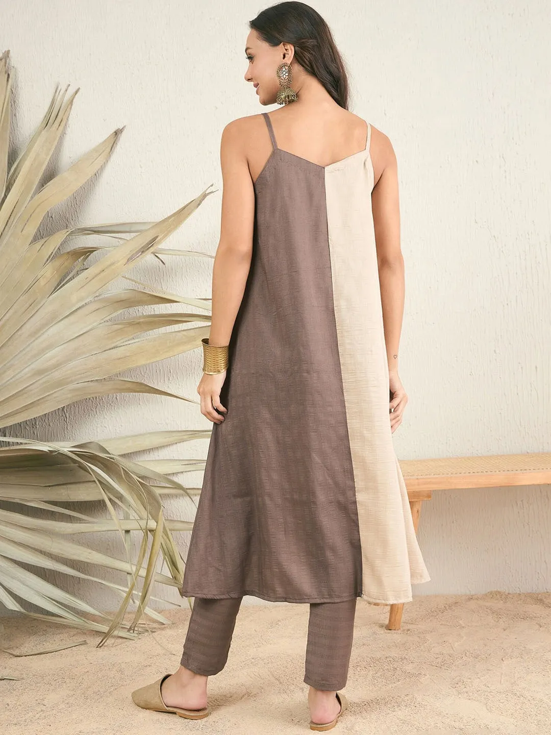 Brown & cream Colourblocked Shoulder Strap A-Line Kurta With Trousers