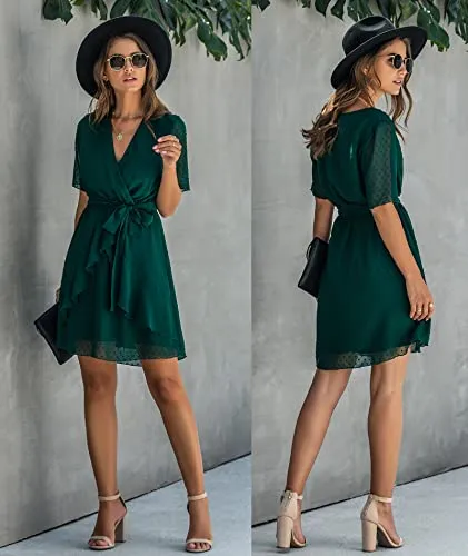 BTFBM Women 2023 Fashion Faux Wrap V-Neck Dresses Short Sleeve High Waist Belt Swing Ruffle Hem Aline Summer Short Dress(Dark Green, Medium)