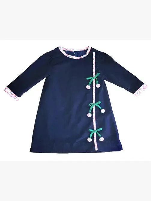 Cherries Long sleeve Navy Blue Corduroy A line Girl dress