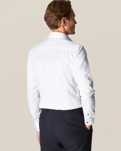 Contemporary Fit White Twill Shirt with Dark Blue Buttons