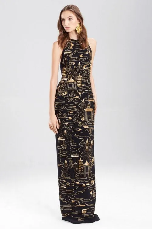 Crepe Halter Dress With Gold Beading