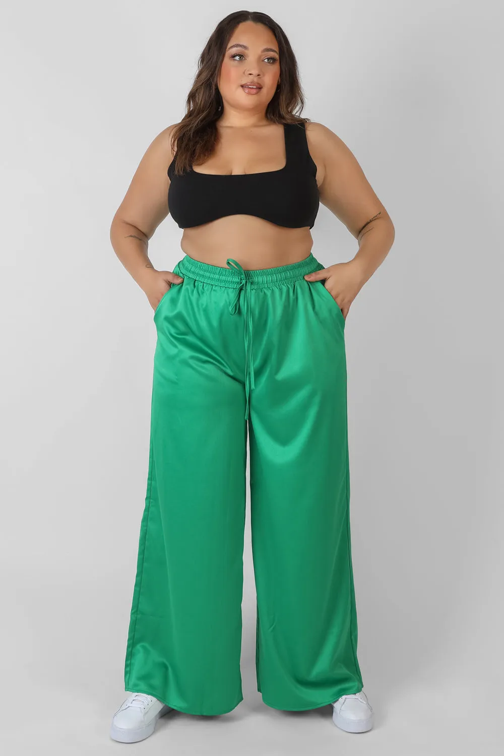 Curve Satin Wide Leg Trousers Green