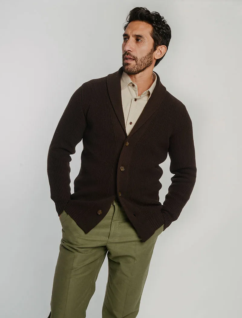 Dark Brown Ribbed Shawl Neck Wool & Cashmere Cardigan