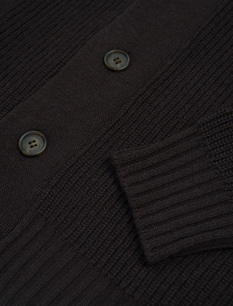 Dark Brown Ribbed Shawl Neck Wool & Cashmere Cardigan