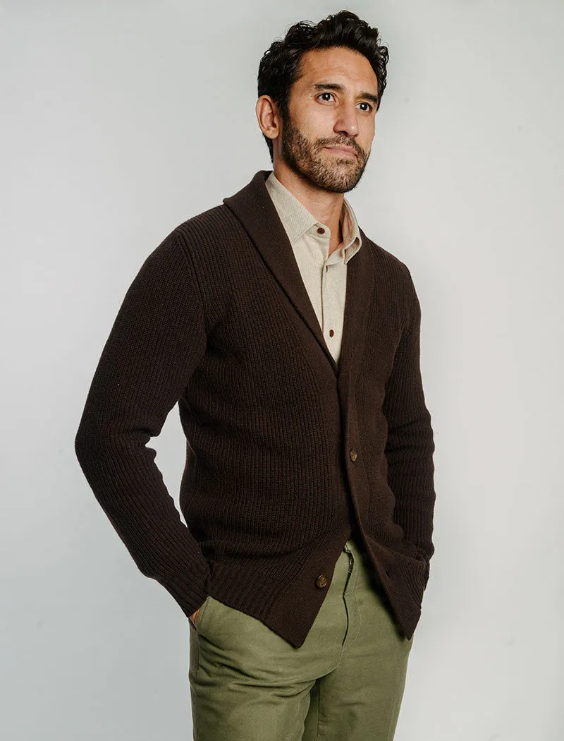 Dark Brown Ribbed Shawl Neck Wool & Cashmere Cardigan