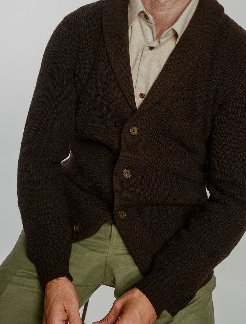 Dark Brown Ribbed Shawl Neck Wool & Cashmere Cardigan