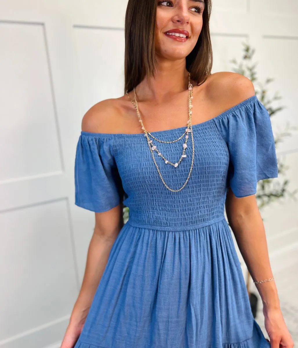 Denim Shirred Bodice Tiered Dress