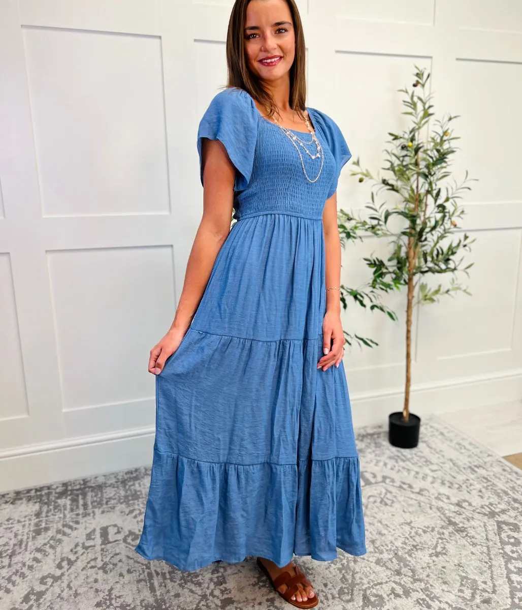 Denim Shirred Bodice Tiered Dress