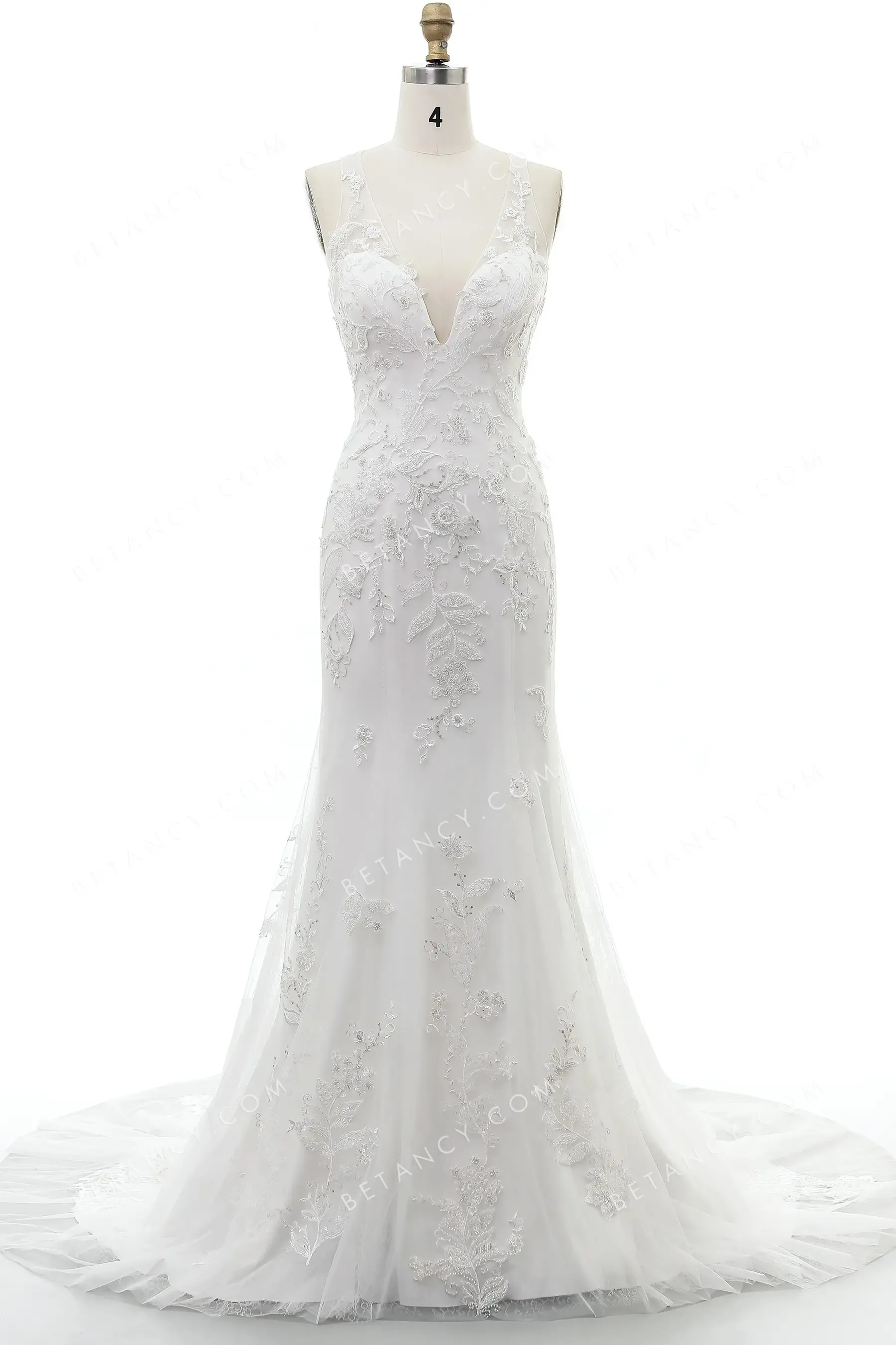 Elegant Deep V-neck Beaded Lace Mermaid Bridal Gown