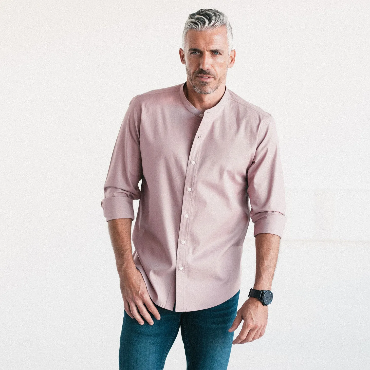 Essential Band Collar Button Down Shirt - Currant Cotton Twill