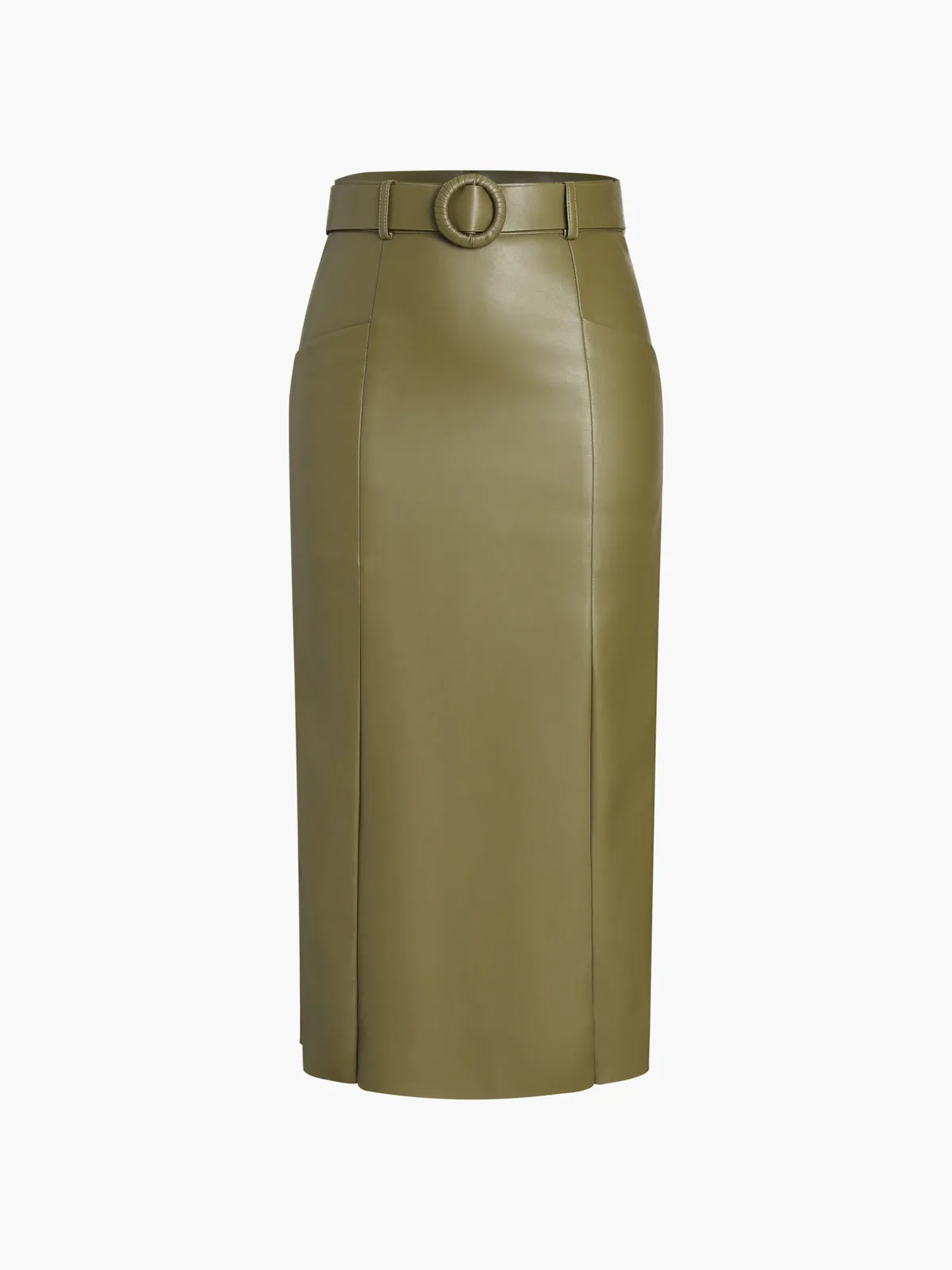 Faux Leather Belted Trendy Split Midi Skirt