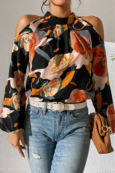 Floral Cold Shoulder Balloon Sleeve Blouse