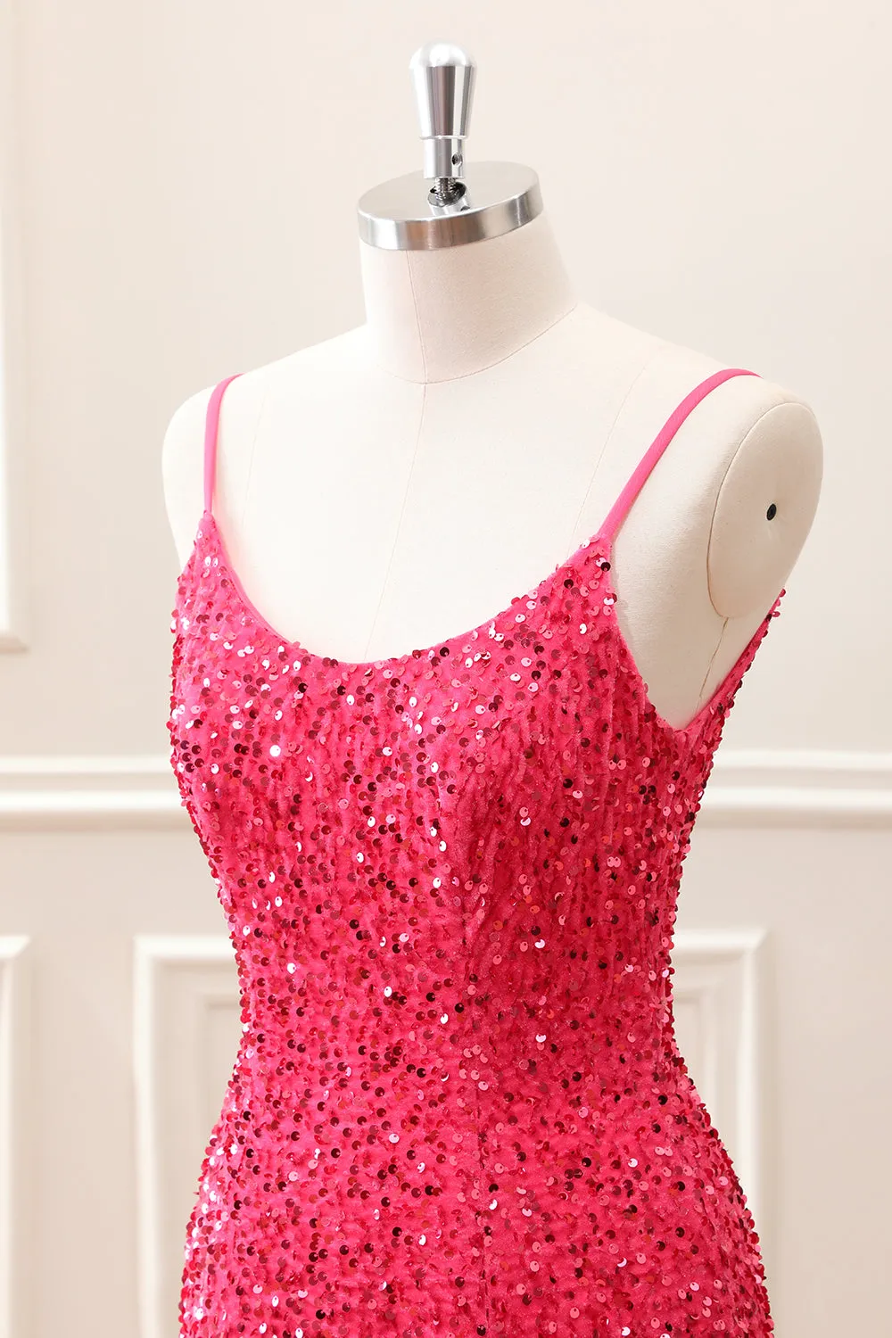 Fuchsia Sequins Spaghetti Straps Mini Dress with Tassels