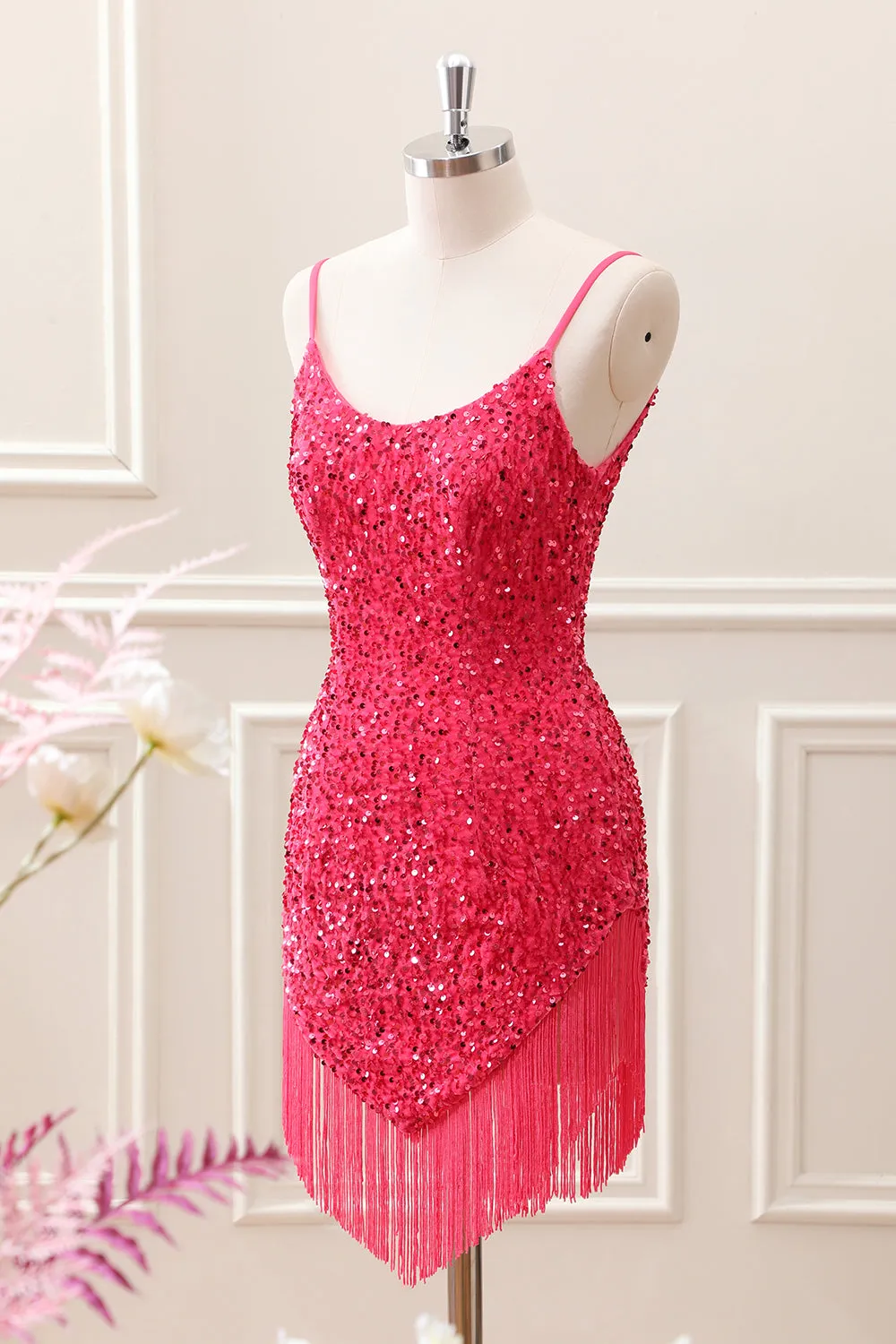 Fuchsia Sequins Spaghetti Straps Mini Dress with Tassels