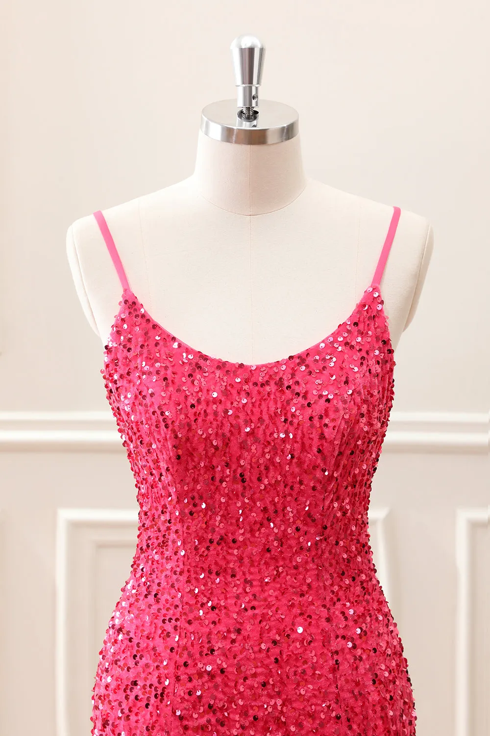 Fuchsia Sequins Spaghetti Straps Mini Dress with Tassels