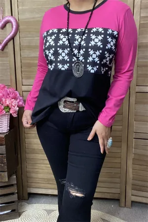 GJQ15226 White graphic with block pink/black long sleeve women tops