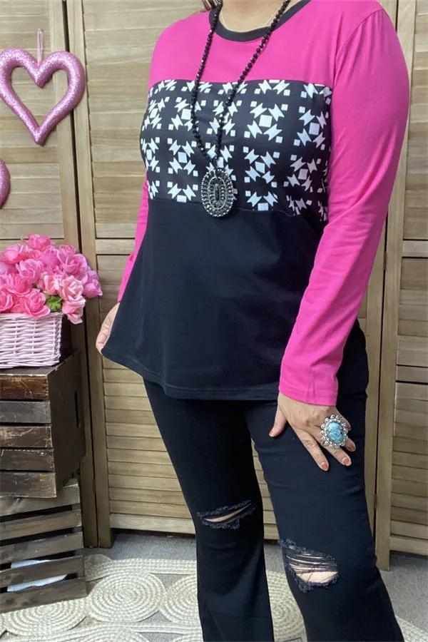 GJQ15226 White graphic with block pink/black long sleeve women tops