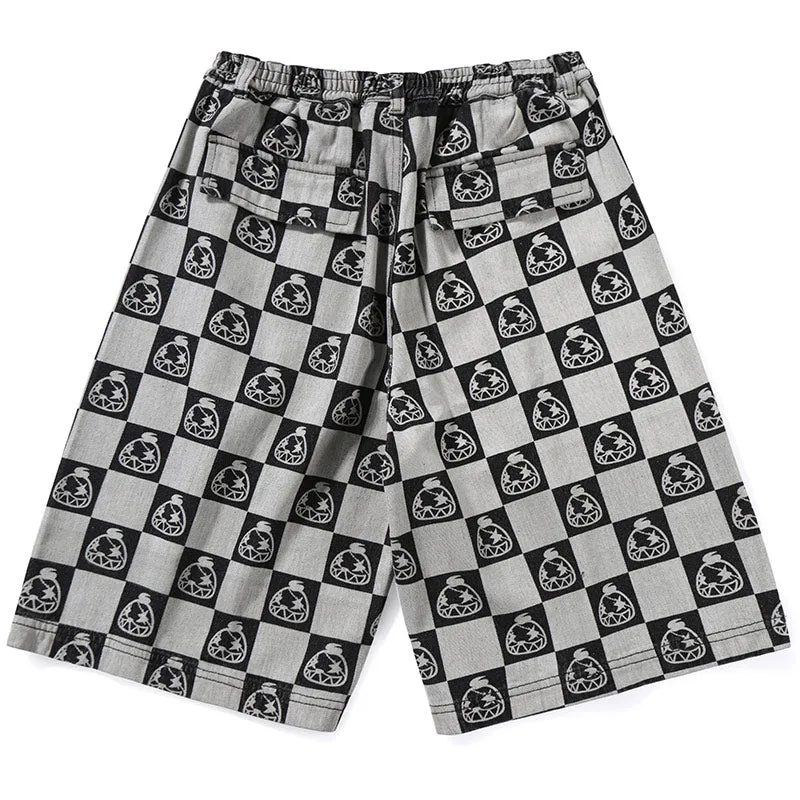 Gray Cartoon Print Checkerboard Jeans