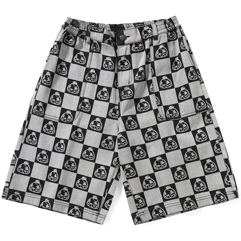 Gray Cartoon Print Checkerboard Jeans