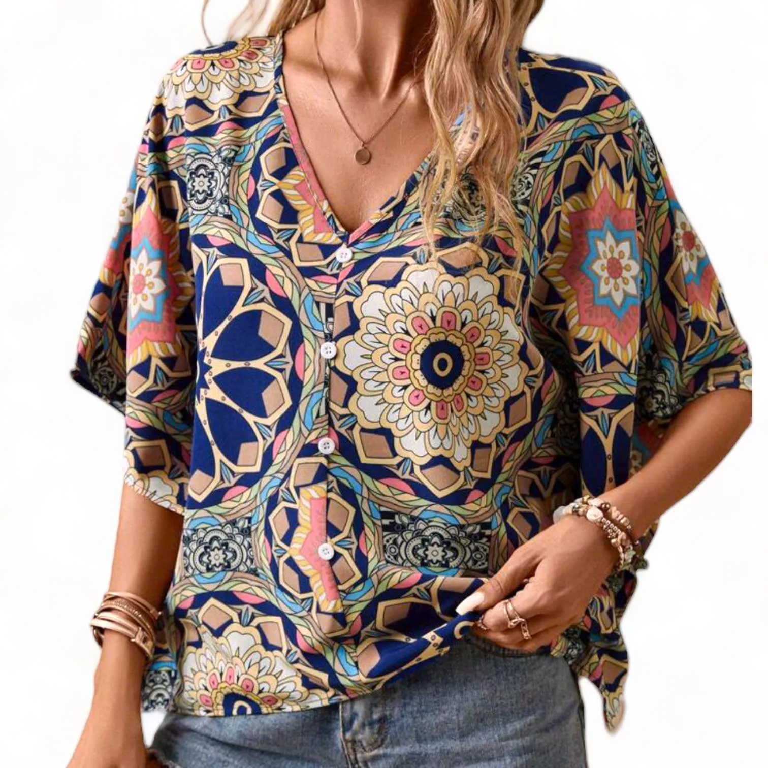 GYPSY Boho Printed Handkerchief Blouse Top