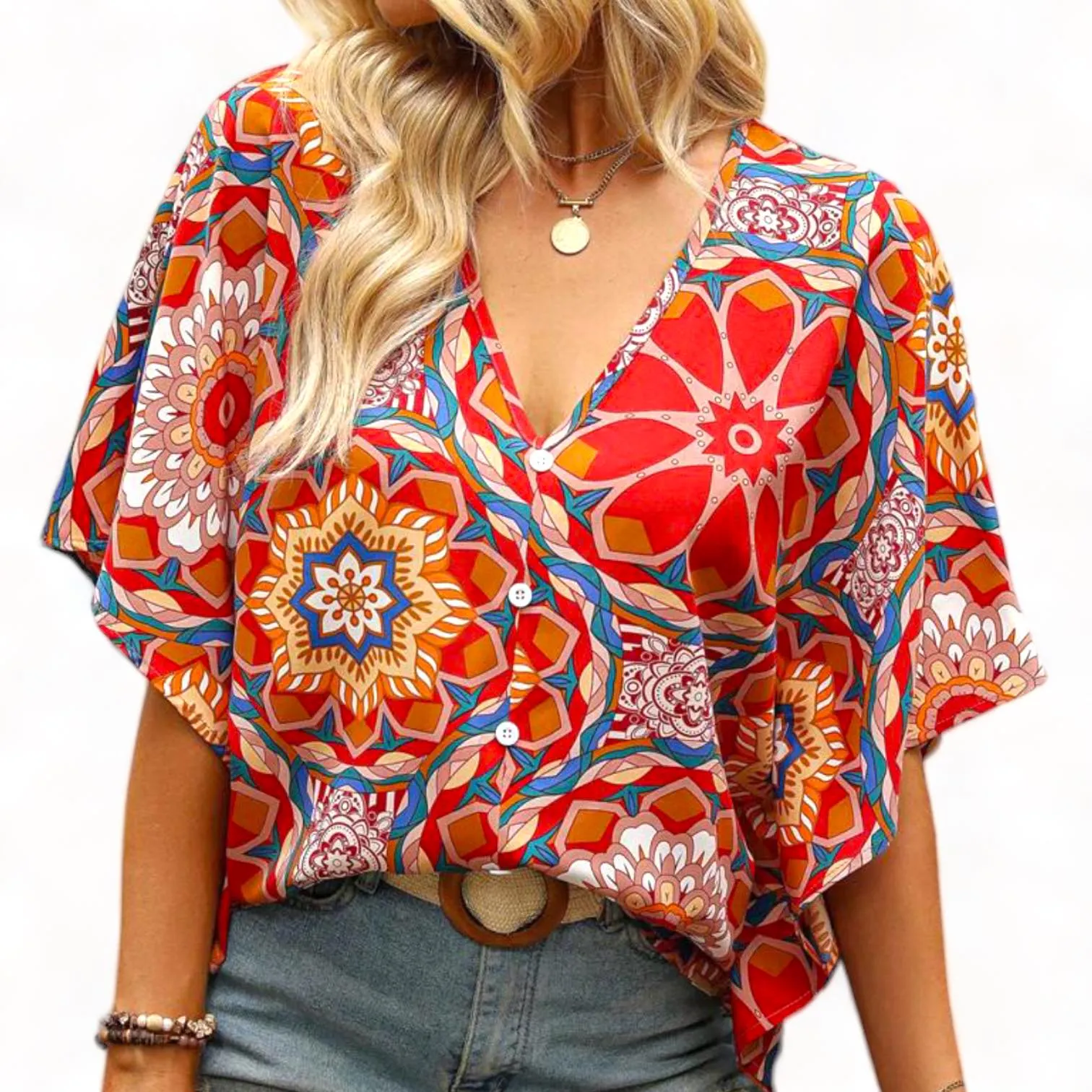 GYPSY Boho Printed Handkerchief Blouse Top