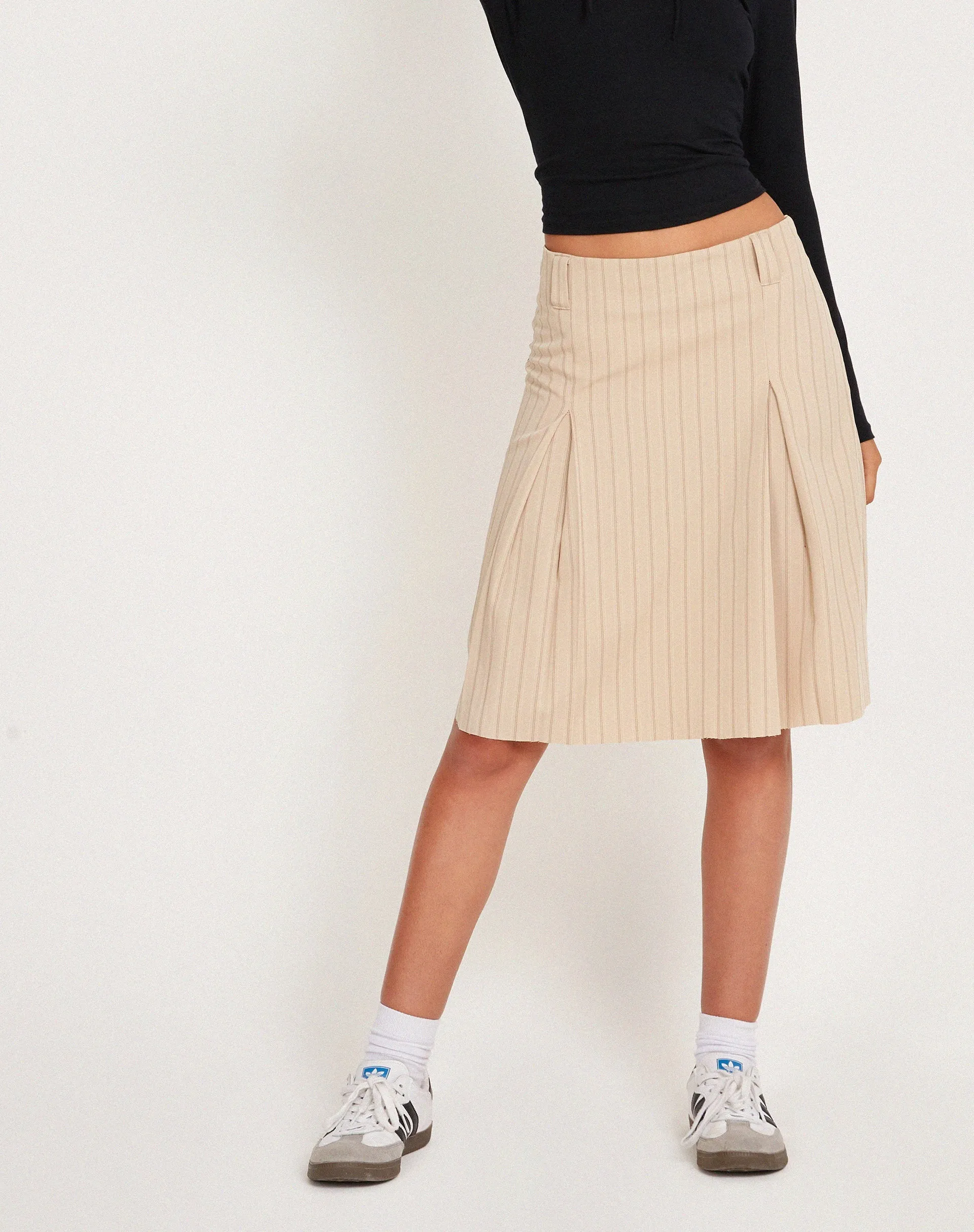 Lia Pleated Midi Skirt in Tailoring Tan Pinstripe