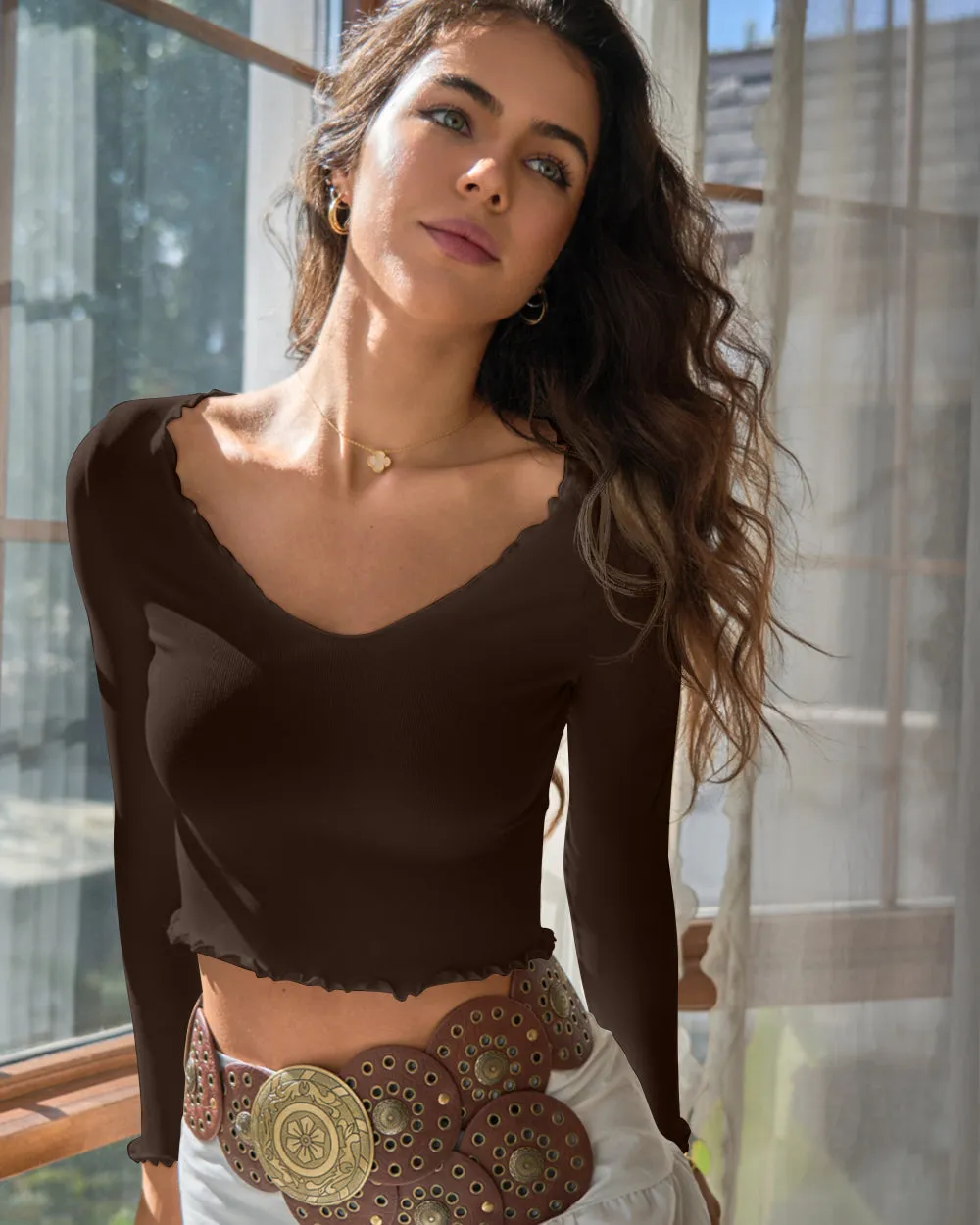 Long Sleeve V Neck Crop Tops Ruffled