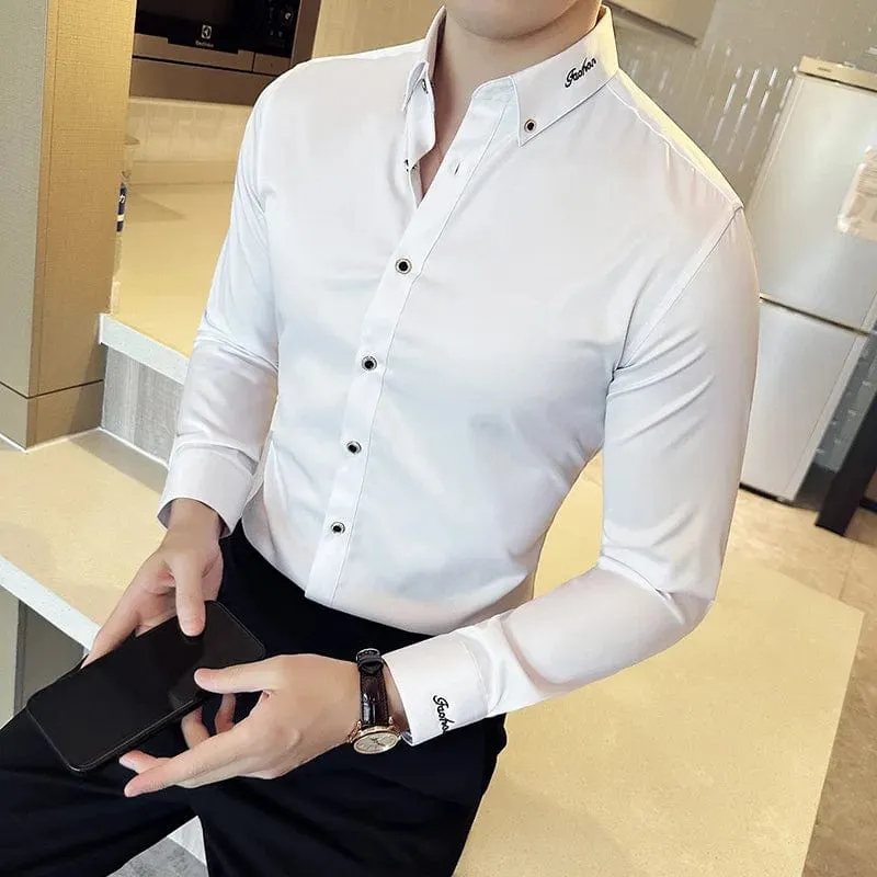 Men's Black and White Embroidered Long Sleeve Shirt – Slim Fit Business Casual & Formal Office Wear