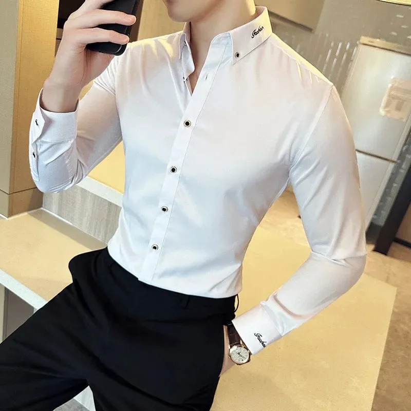 Men's Black and White Embroidered Long Sleeve Shirt – Slim Fit Business Casual & Formal Office Wear