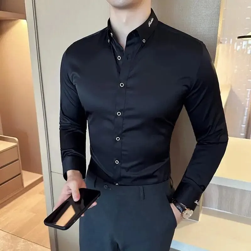 Men's Black and White Embroidered Long Sleeve Shirt – Slim Fit Business Casual & Formal Office Wear