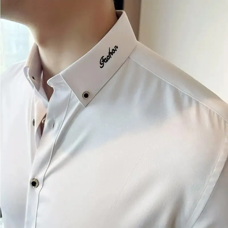 Men's Black and White Embroidered Long Sleeve Shirt – Slim Fit Business Casual & Formal Office Wear