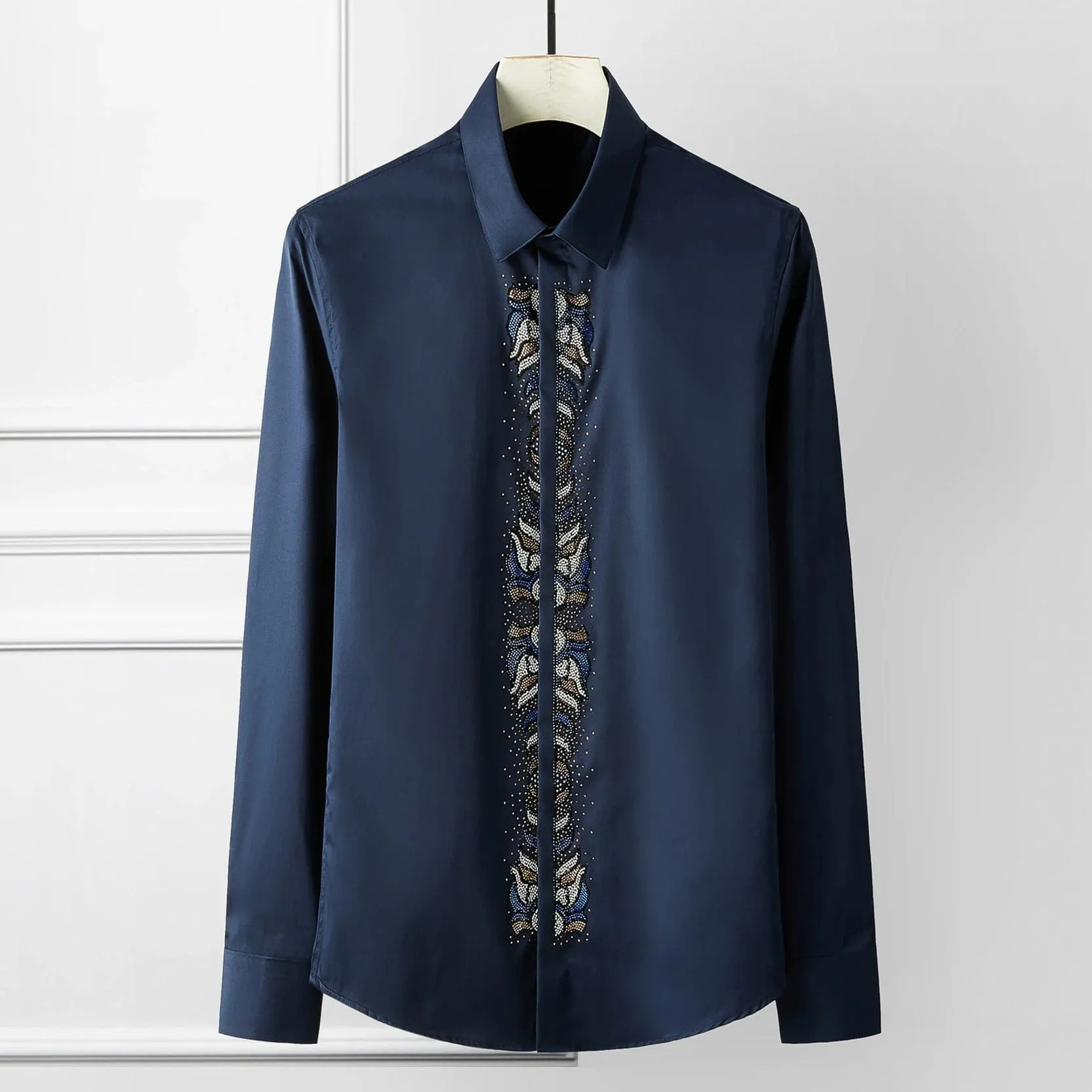 Men's High-Quality Rhinestone Long Sleeve Shirt – Slim Fit Luxury Dress Shirt for Parties, Banquets, and Social Events