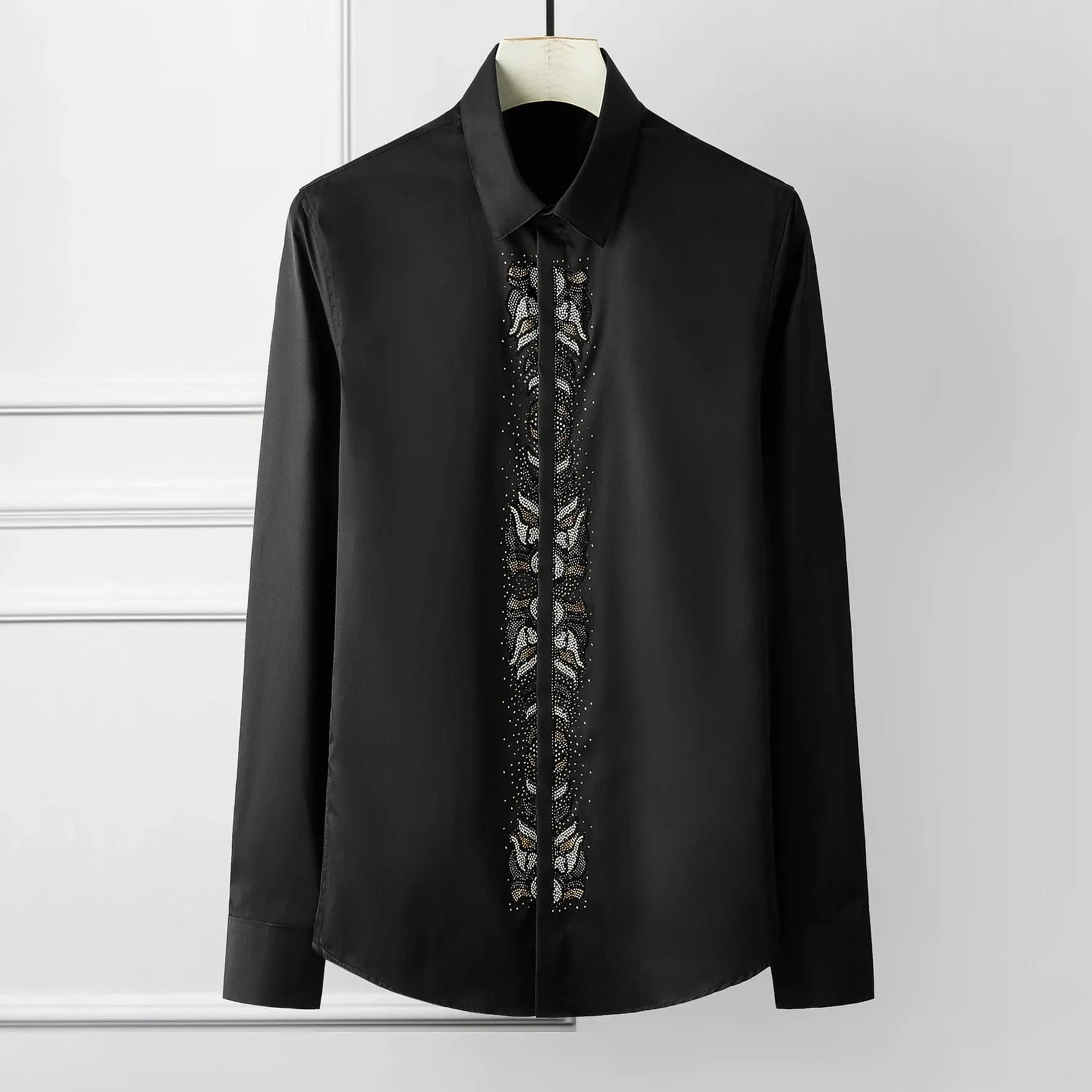 Men's High-Quality Rhinestone Long Sleeve Shirt – Slim Fit Luxury Dress Shirt for Parties, Banquets, and Social Events