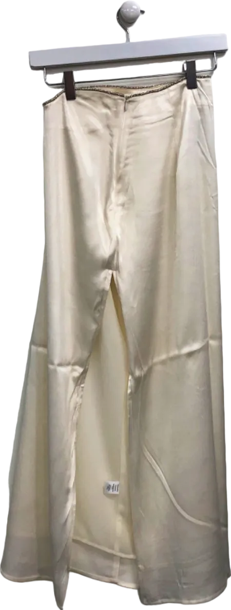 Meshki Ivory Satin High-Waisted Wide Leg Trousers UK XS