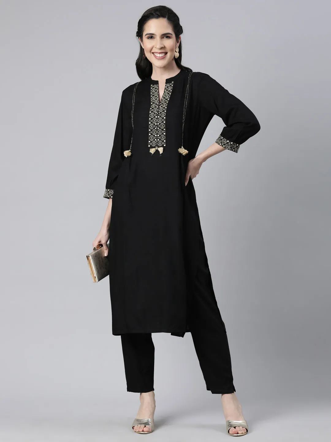 Neerus Black Regular Straight Solid Kurta And  Trousers