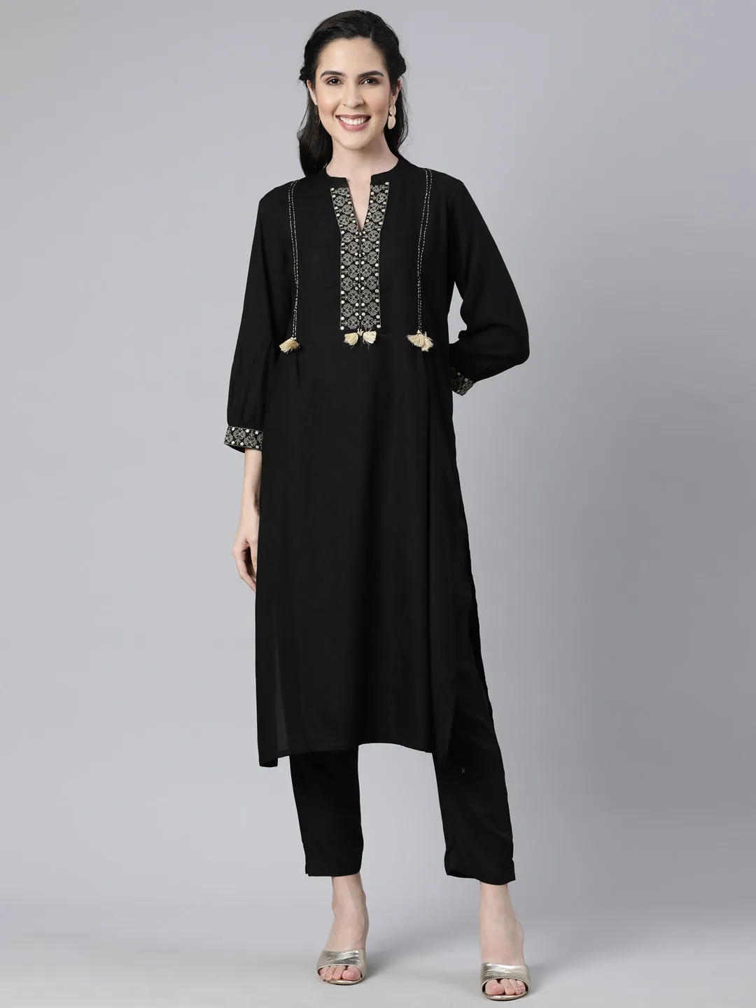 Neerus Black Regular Straight Solid Kurta And  Trousers